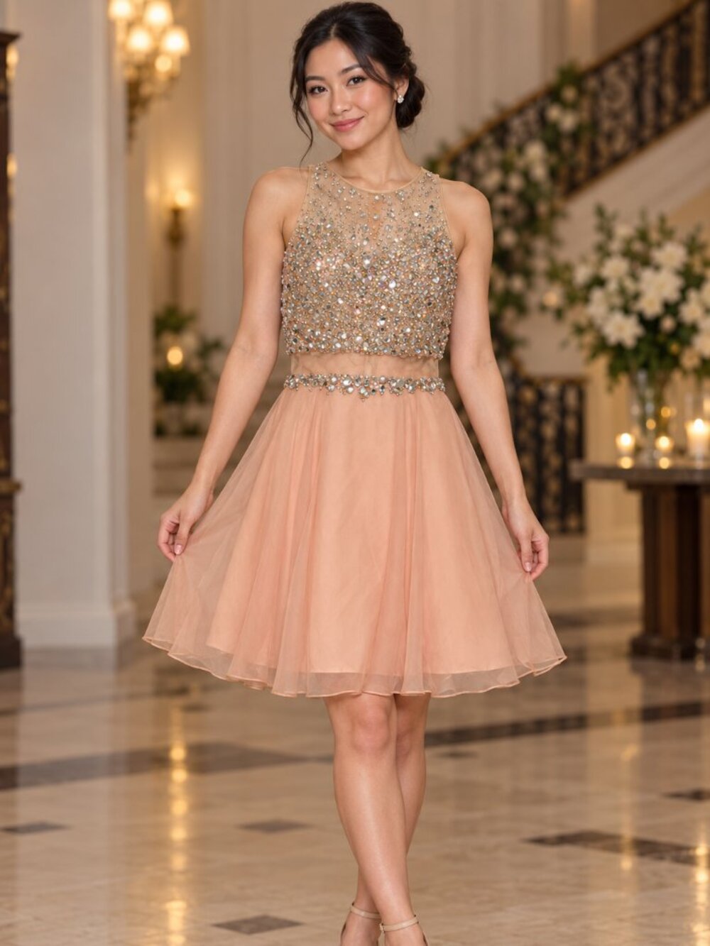 JVN by Jovani Blush Rhinestone Chiffon Homecoming Party Dress Size 2
